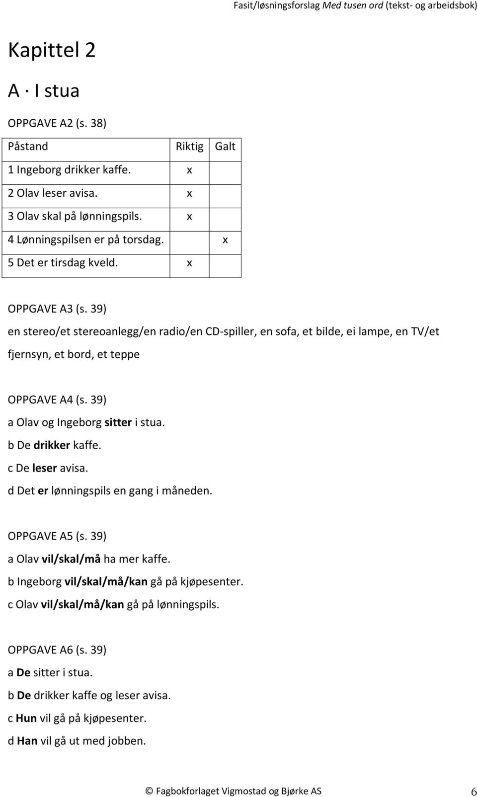 39) a Olav og Ingeborg sitter i stua. b De drikker kaffe. c De leser avisa. d Det er lønningspils en gang i måneden. OPPGAVE A5 (s. 39) a Olav vil/skal/må ha mer kaffe.