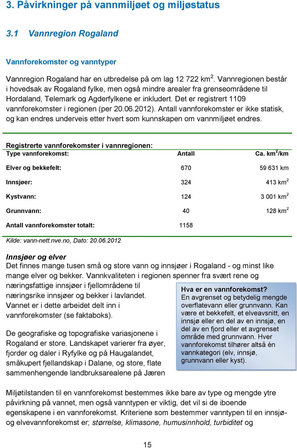 Det er registrert 1109 vannforekomster i regionen (per 20.06.2012). Antall vannforekomster er ikke statisk, og kan endres underveis etter hvert som kunnskapen om vannmiljøet endres.