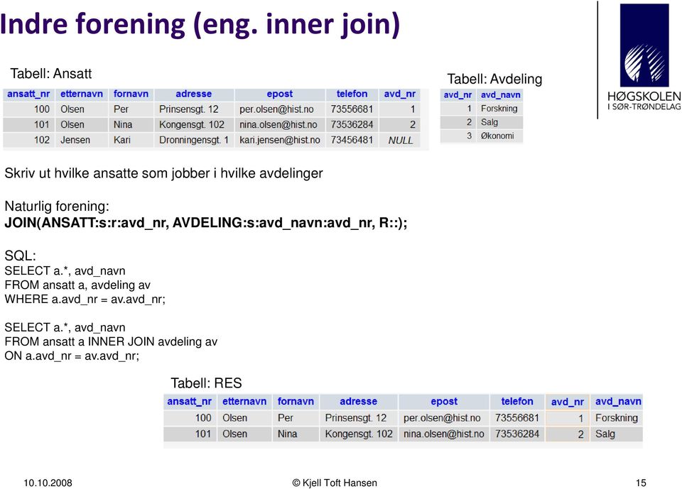 Naturlig forening: JOIN(ANSATT:s:r:avd_nr, AVDELING:s:avd_navn:avd_nr, R::); SQL: SELECT a.
