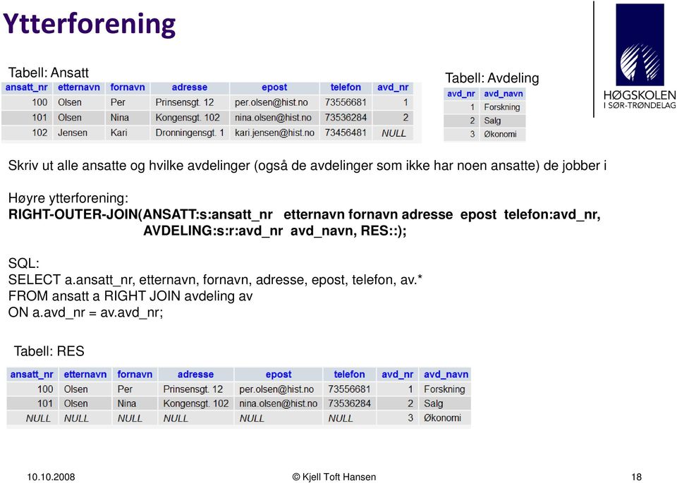 epost telefon:avd_nr, AVDELING:s:r:avd_nr avd_navn, RES::); SQL: SELECT a.