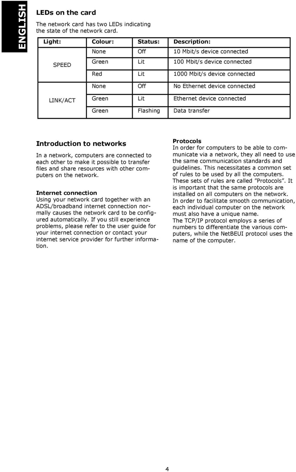 Green Lit Ethernet device connected Green Flashing Data transfer Introduction to networks In a network, computers are connected to each other to make it possible to transfer files and share resources