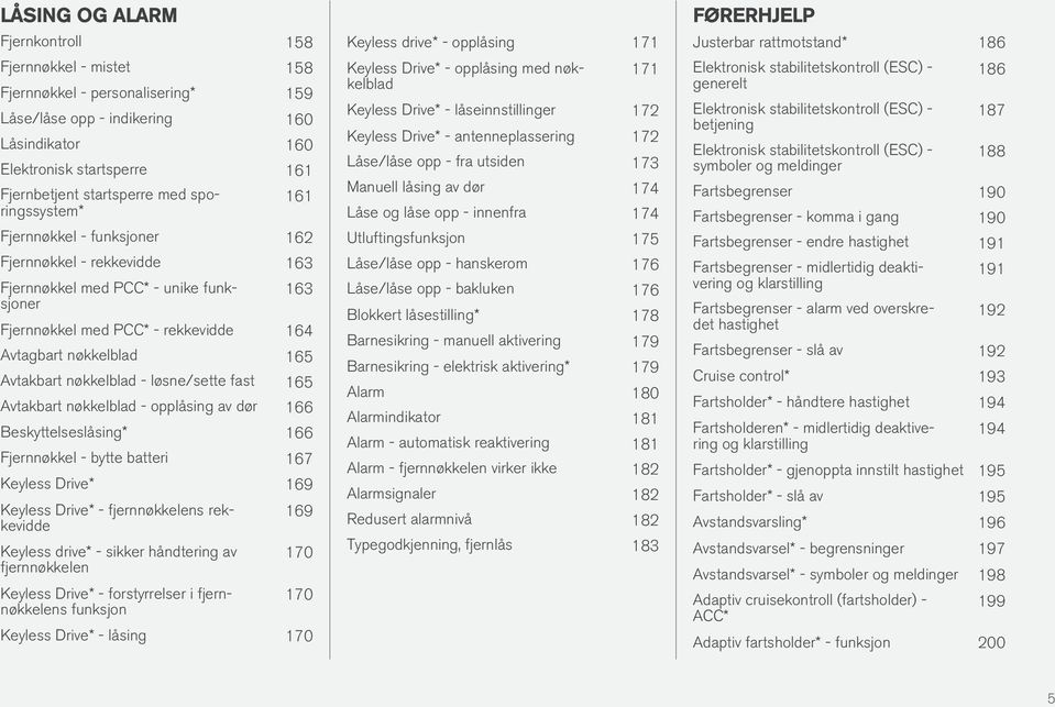 nøkkelblad - løsne/sette fast 165 Avtakbart nøkkelblad - opplåsing av dør 166 Beskyttelseslåsing* 166 Fjernnøkkel - bytte batteri 167 Keyless Drive* 169 Keyless Drive* - fjernnøkkelens rekkevidde