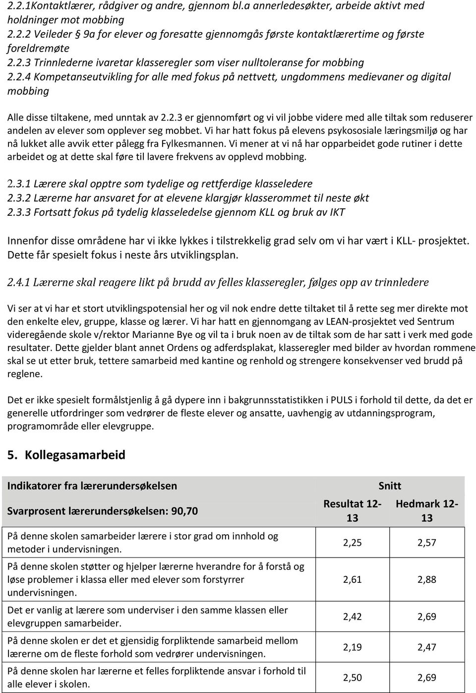 2.3 er gjennomført og vi vil jobbe videre med alle tiltak som reduserer andelen av elever som opplever seg mobbet.