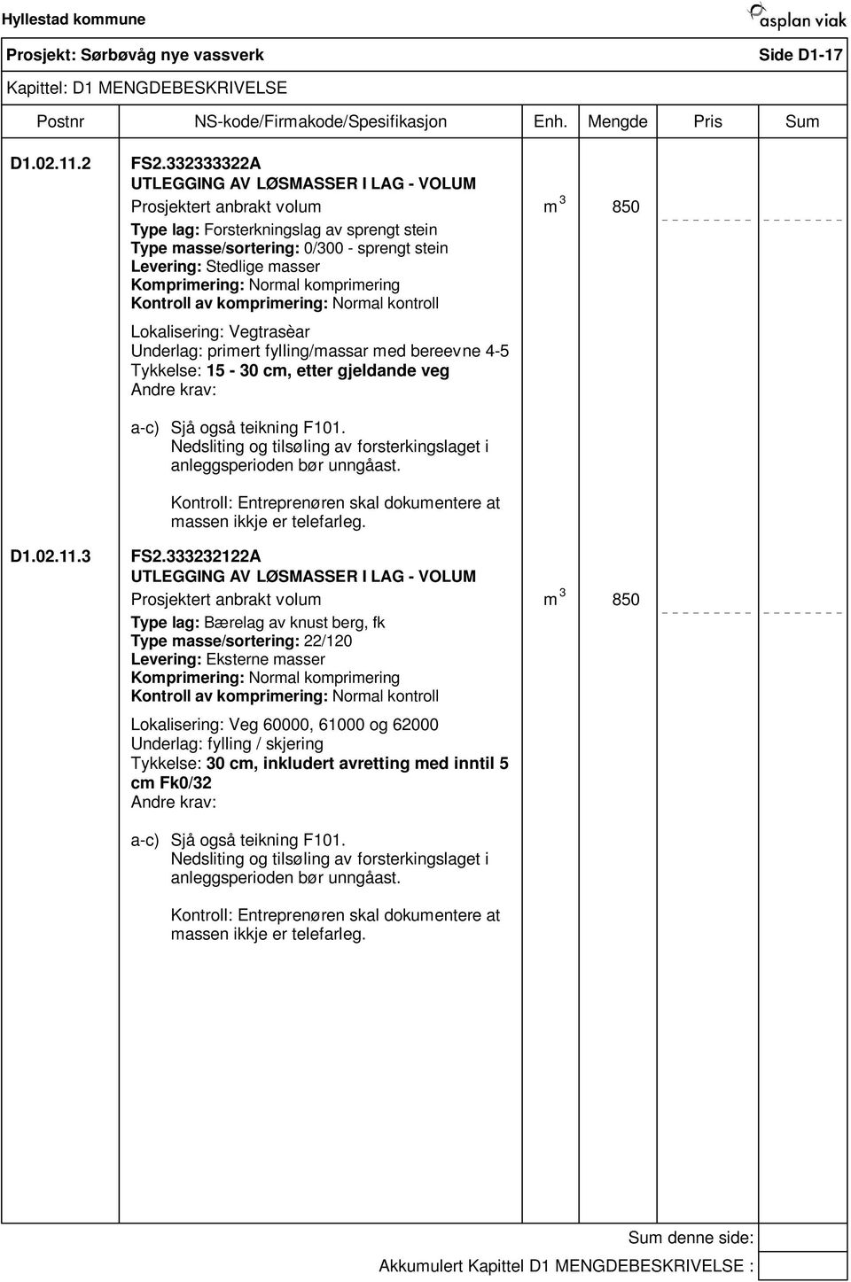 Komprimering: Normal komprimering Kontroll av komprimering: Normal kontroll Lokalisering: Vegtrasèar Underlag: primert fylling/massar med bereevne 4-5 Tykkelse: 15-30 cm, etter gjeldande veg a-c) Sjå