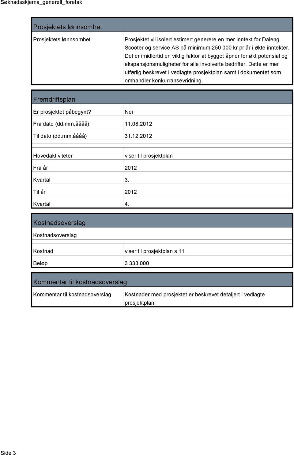 Dette er mer utførlig beskrevet i vedlagte prosjektplan samt i dokumentet som omhandler konkurransevridning. Fremdriftsplan Er prosjektet påbegynt? Nei Fra dato (dd.mm.åååå) 11.08.2012 Til dato (dd.