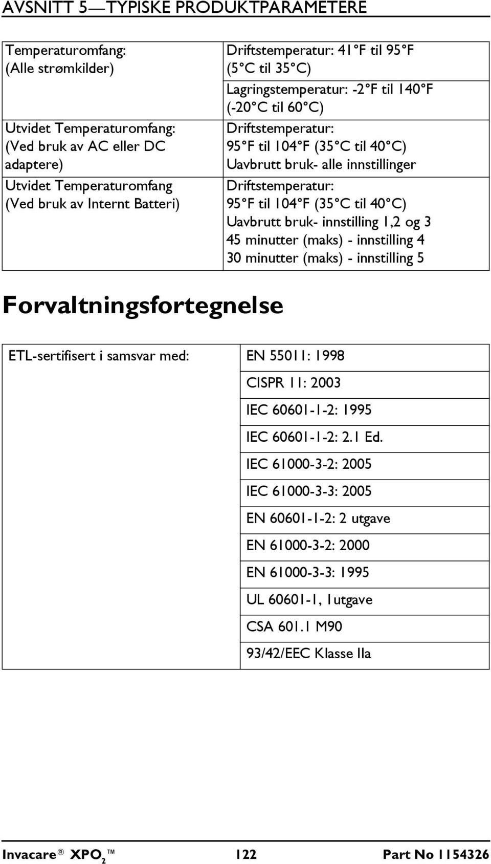 95 F til 104 F (35 C til 40 C) Uavbrutt bruk- innstilling 1,2 og 3 45 minutter (maks) - innstilling 4 30 minutter (maks) - innstilling 5 Forvaltningsfortegnelse ETL-sertifisert i samsvar med: EN