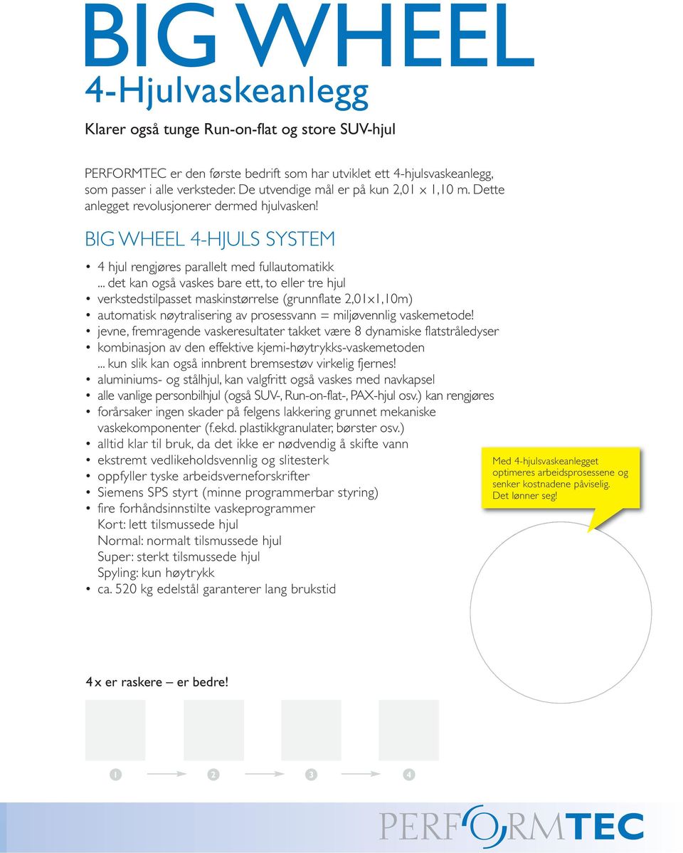 .. det kan også vaskes bare ett, to eller tre hjul verkstedstilpasset maskinstørrelse (grunnflate 2,01x1,10m) automatisk nøytralisering av prosessvann = miljøvennlig vaskemetode!