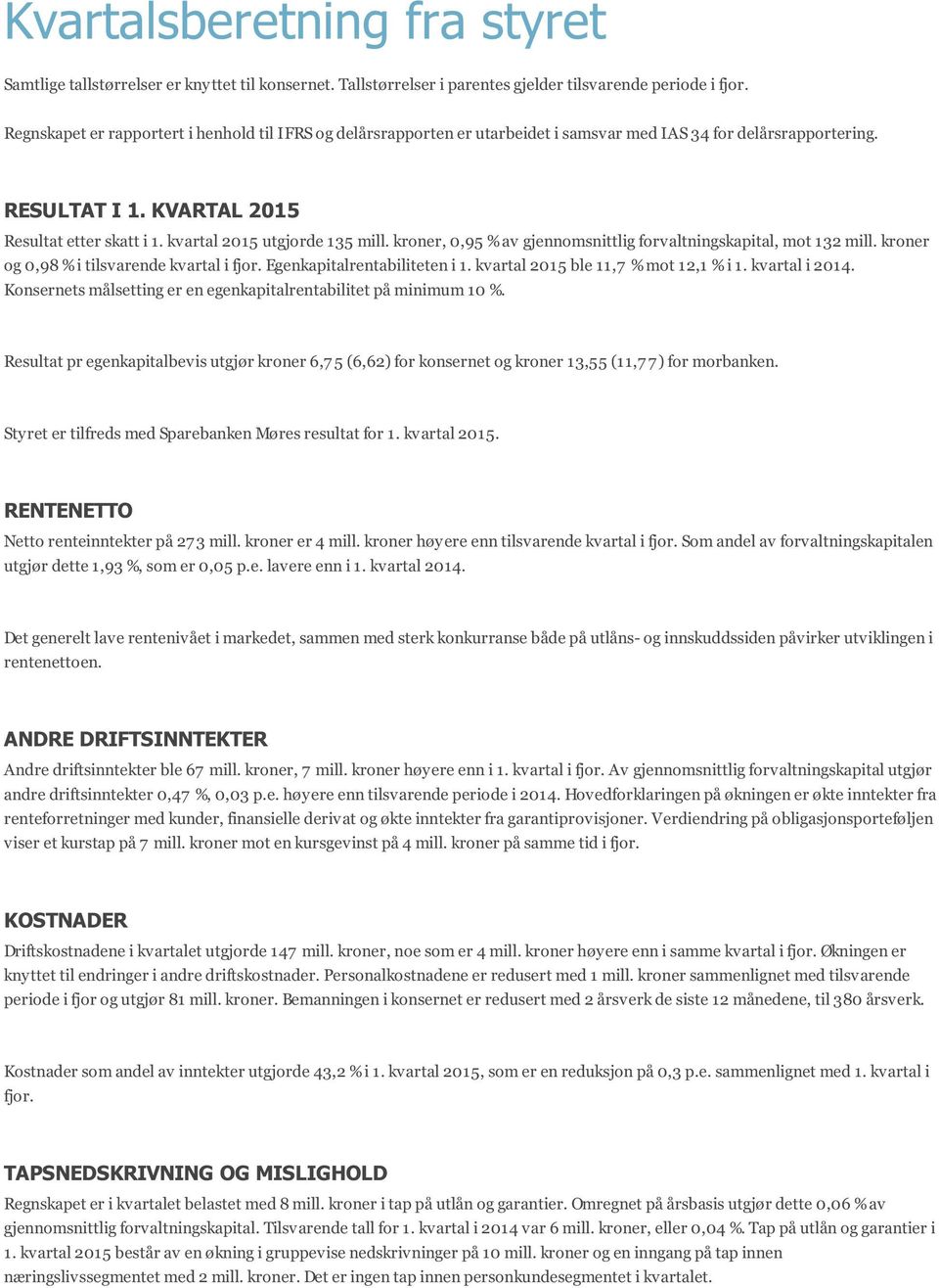 kvartal 2015 utgjorde 135 mill. kroner, 0,95 % av gjennomsnittlig forvaltningskapital, mot 132 mill. kroner og 0,98 % i tilsvarende kvartal i fjor. Egenkapitalrentabiliteten i 1.