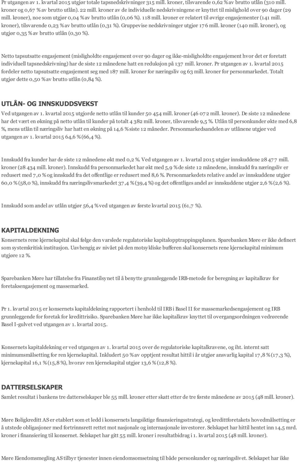 kroner er relatert til øvrige engasjementer (141 mill. kroner), tilsvarende 0,23 % av brutto utlån (0,31 %). Gruppevise nedskrivninger utgjør 17 6 mill. kroner (140 mill.