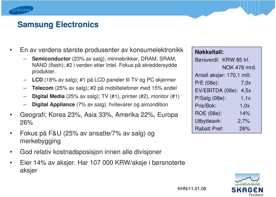 LCD (18% av salg); #1 på LCD paneler til TV og PC skjermer Telecom (25% av salg); #2 på mobiltelefoner med 15% andel Digital Media (25% av salg); TV (#1), printer (#2), monitor (#1) Digital Appliance