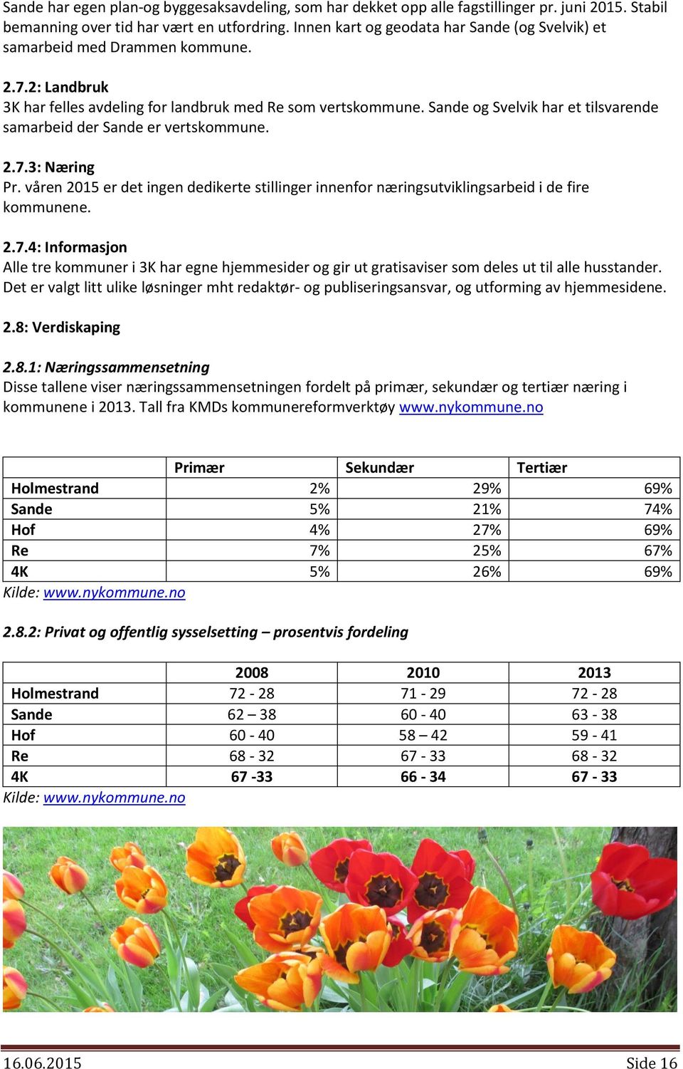 Sande og Svelvik har et tilsvarende samarbeid der Sande er vertskommune. 2.7.3: Næring Pr. våren 215 er det ingen dedikerte stillinger innenfor næringsutviklingsarbeid i de fire kommunene. 2.7.4: Informasjon Alle tre kommuner i 3K har egne hjemmesider og gir ut gratisaviser som deles ut til alle husstander.