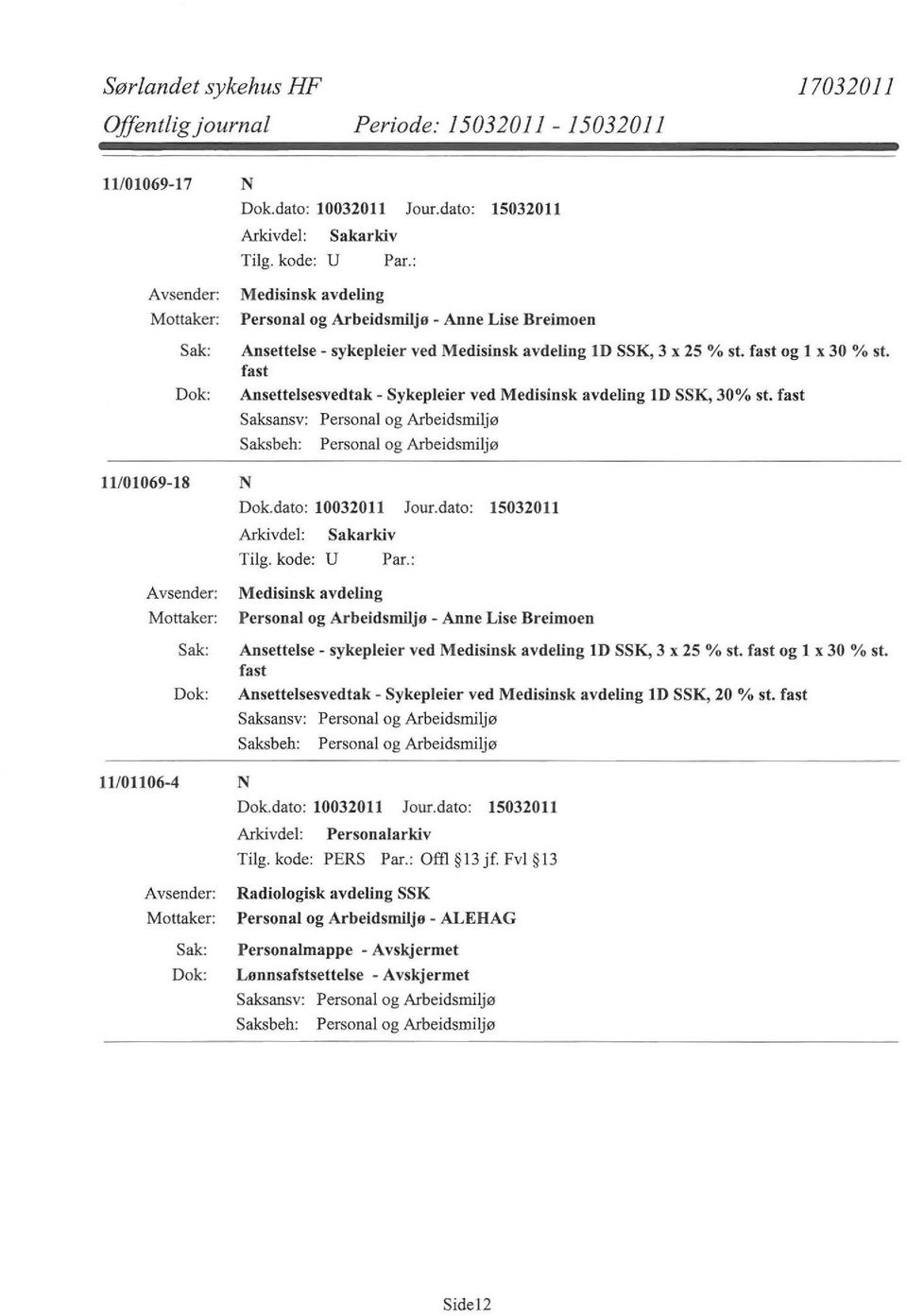 fast 11/01069-18 N Medisinsk avdeling Personal og Arbeidsmiljø - Anne Lise Breimoen Ansettelse - sykepleier ved Medisinsk avdeling ld SSK, 3 x 25 % st. fast og l x 30 % st.