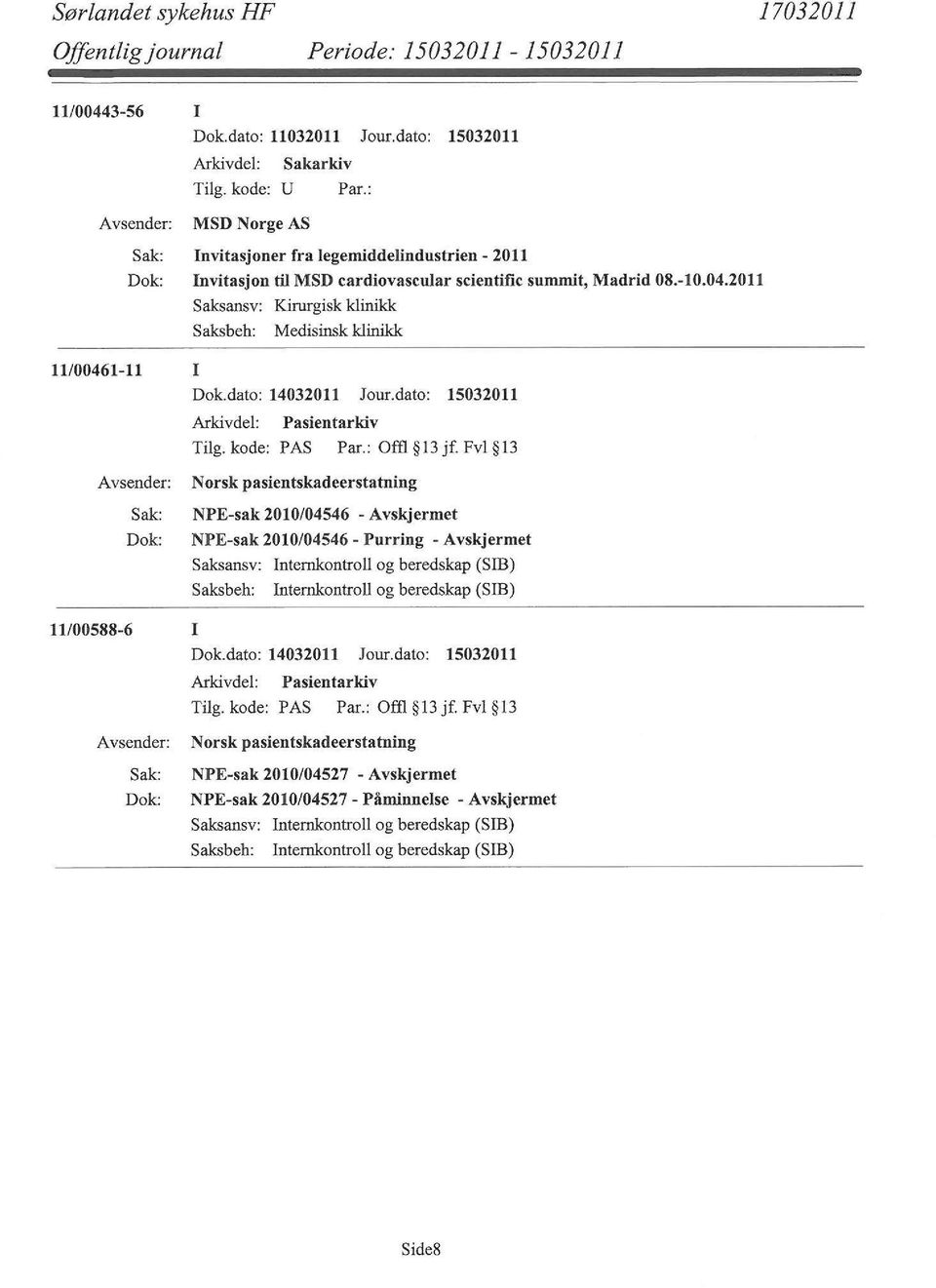 2011 Saksansv: Kirurgisk klinikk Saksbeh: Medisinsk klinikk 11/00461-11 I Dok.dato: 14032011 Jour.dato: 15032011 Tilg. kode: PAS Par.: Offl 13 jf.