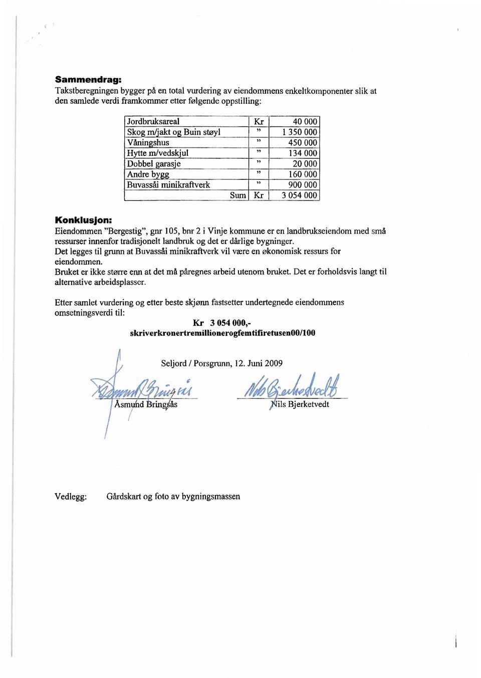 15 Sum Kr 3 054000 Konklusjon: Eiendommen "Bergestig", gnr 105,bnr 2 i Vinje kommune er en landbrukseiendommed små ressurser innenfor tradisjonelt landbrukogdet erdårligebygninger.