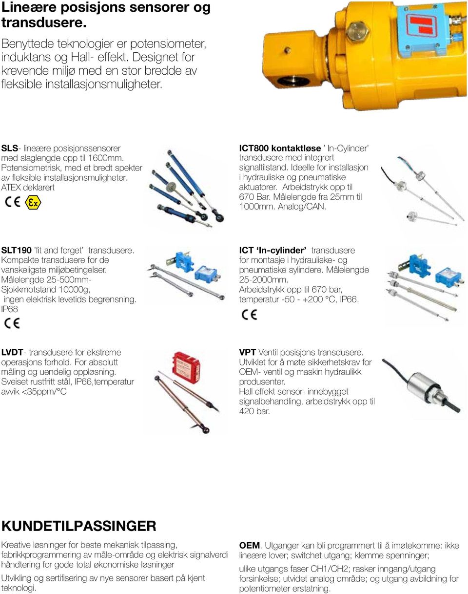ATEX deklarert ICT800 kontaktløse In-Cylinder transdusere med integrert signaltilstand. Ideelle for installasjon i hydrauliske og pneumatiske aktuatorer. Arbeidstrykk opp til 670 Bar.