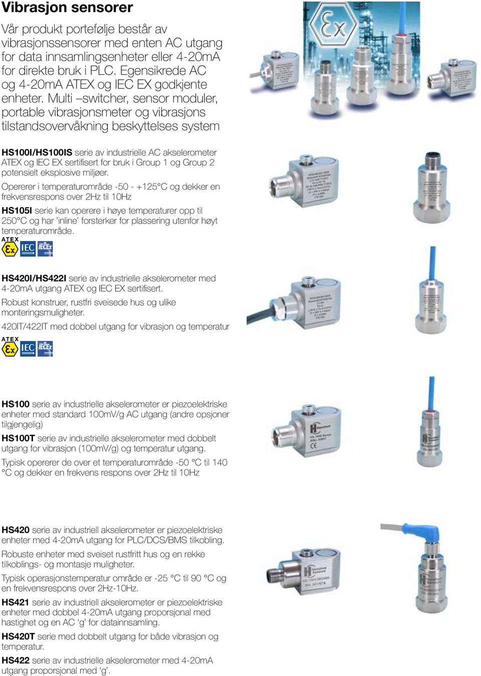 Multi switcher, sensor moduler, portable vibrasjonsmeter og vibrasjons tilstandsovervåkning beskyttelses system HS100I/HS100IS serie av industrielle AC akselerometer ATEX og IEC EX sertifisert for