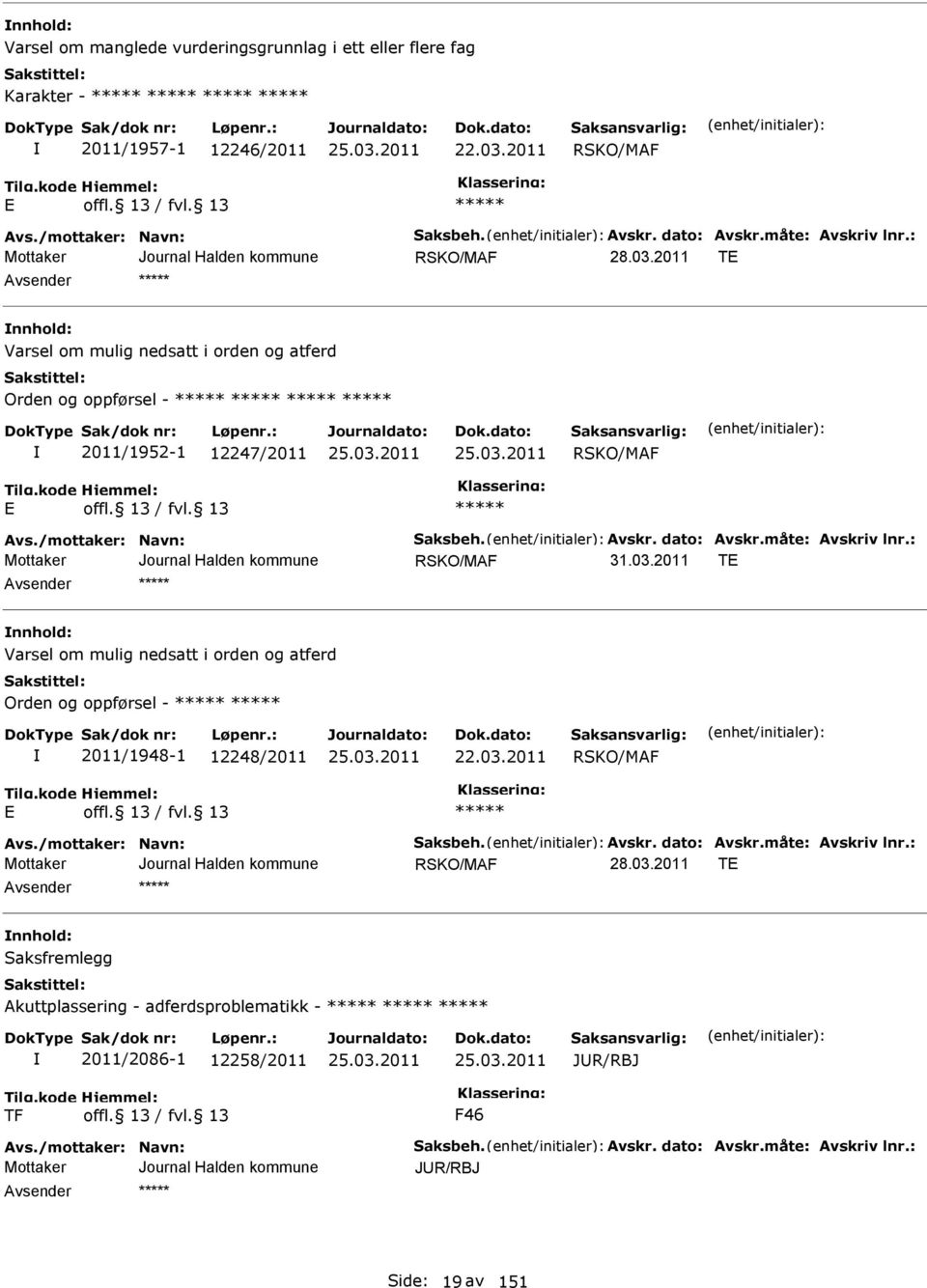 : RSKO/MF T nnhold: Varsel om mulig nedsatt i orden og atferd Orden og oppførsel - 2011/1948-1 12248/2011 22.03.2011 RSKO/MF vs./mottaker: Navn: Saksbeh. vskr. dato: vskr.