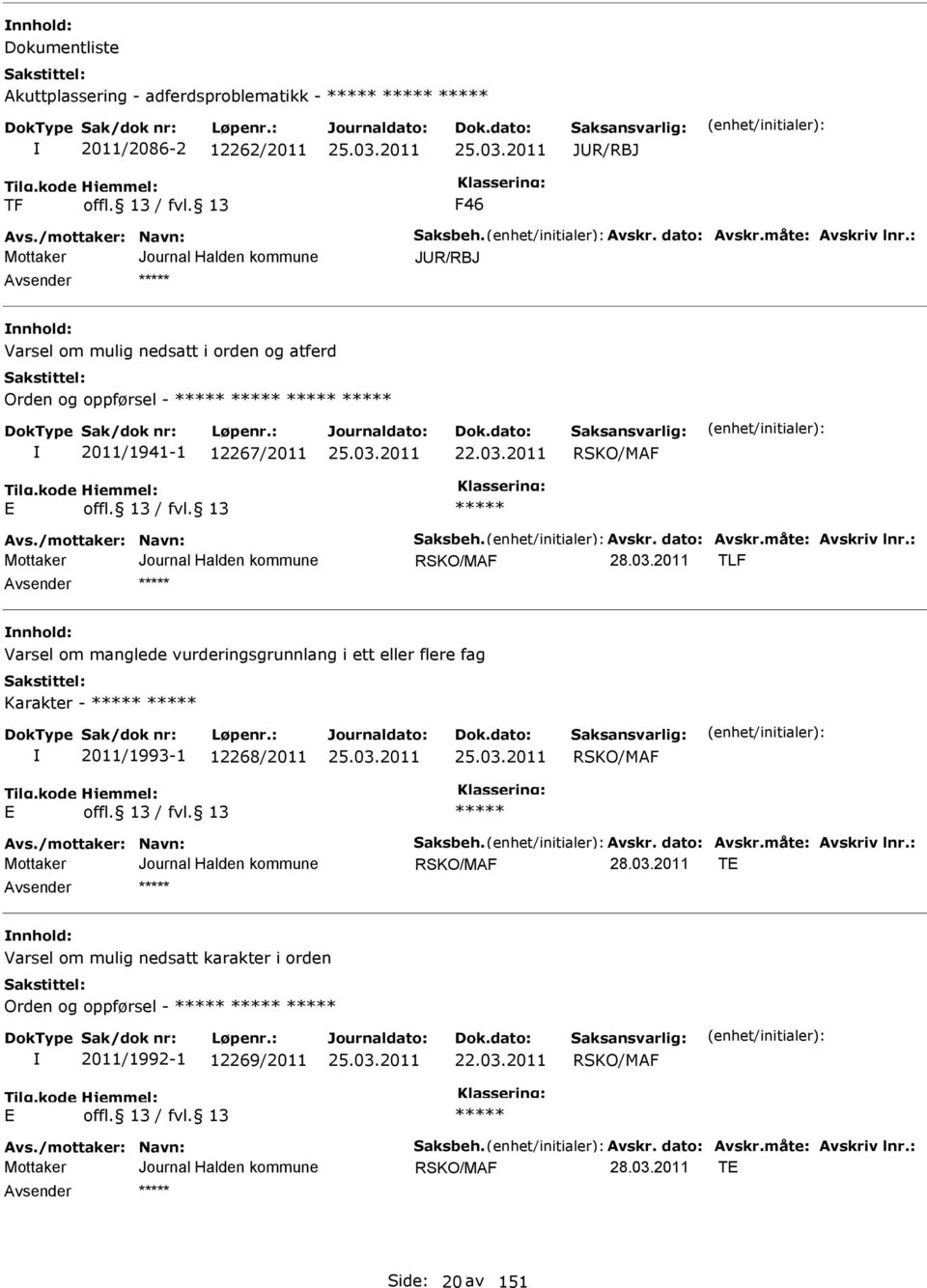 : RSKO/MF TLF nnhold: Varsel om manglede vurderingsgrunnlang i ett eller flere fag Karakter - 2011/1993-1 12268/2011 RSKO/MF vs./mottaker: Navn: Saksbeh. vskr. dato: vskr.måte: vskriv lnr.