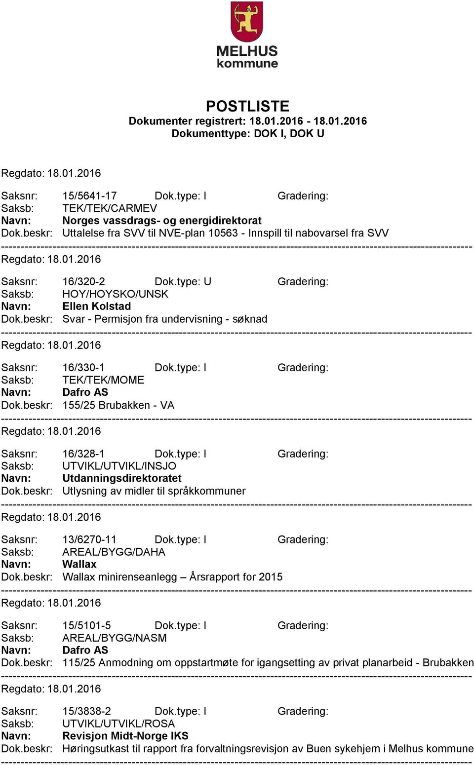 beskr: Svar - Permisjon fra undervisning - søknad Saksnr: 16/330-1 Dok.type: I Gradering: Saksb: TEK/TEK/MOME Navn: Dafro AS Dok.beskr: 155/25 Brubakken - VA Saksnr: 16/328-1 Dok.