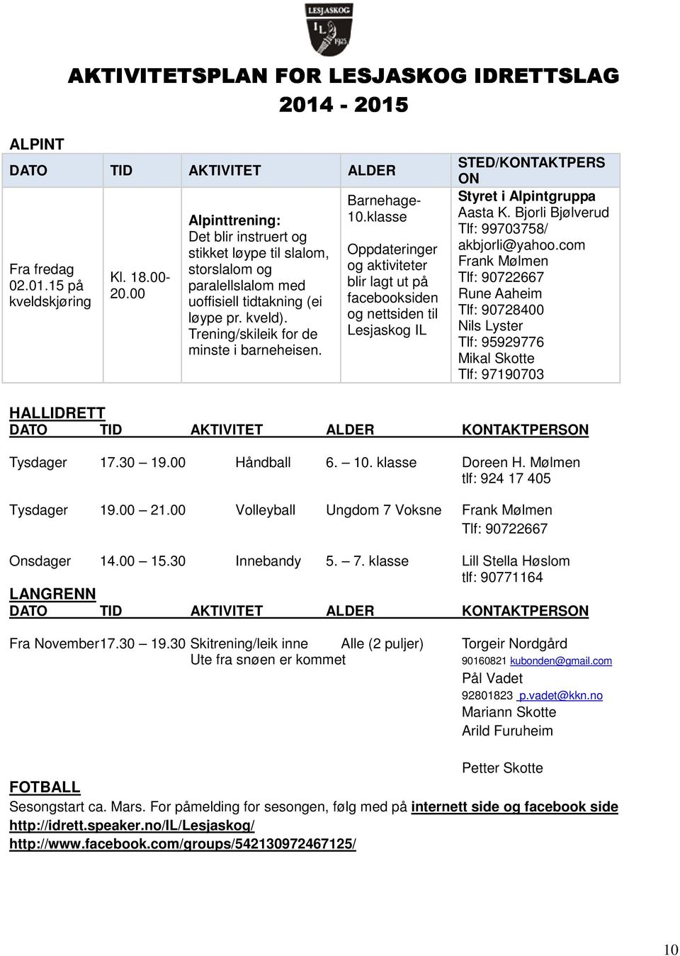 Barnehage- 10.klasse Oppdateringer og aktiviteter blir lagt ut på facebooksiden og nettsiden til Lesjaskog IL STED/KONTAKTPERS ON Styret i Alpintgruppa Aasta K.