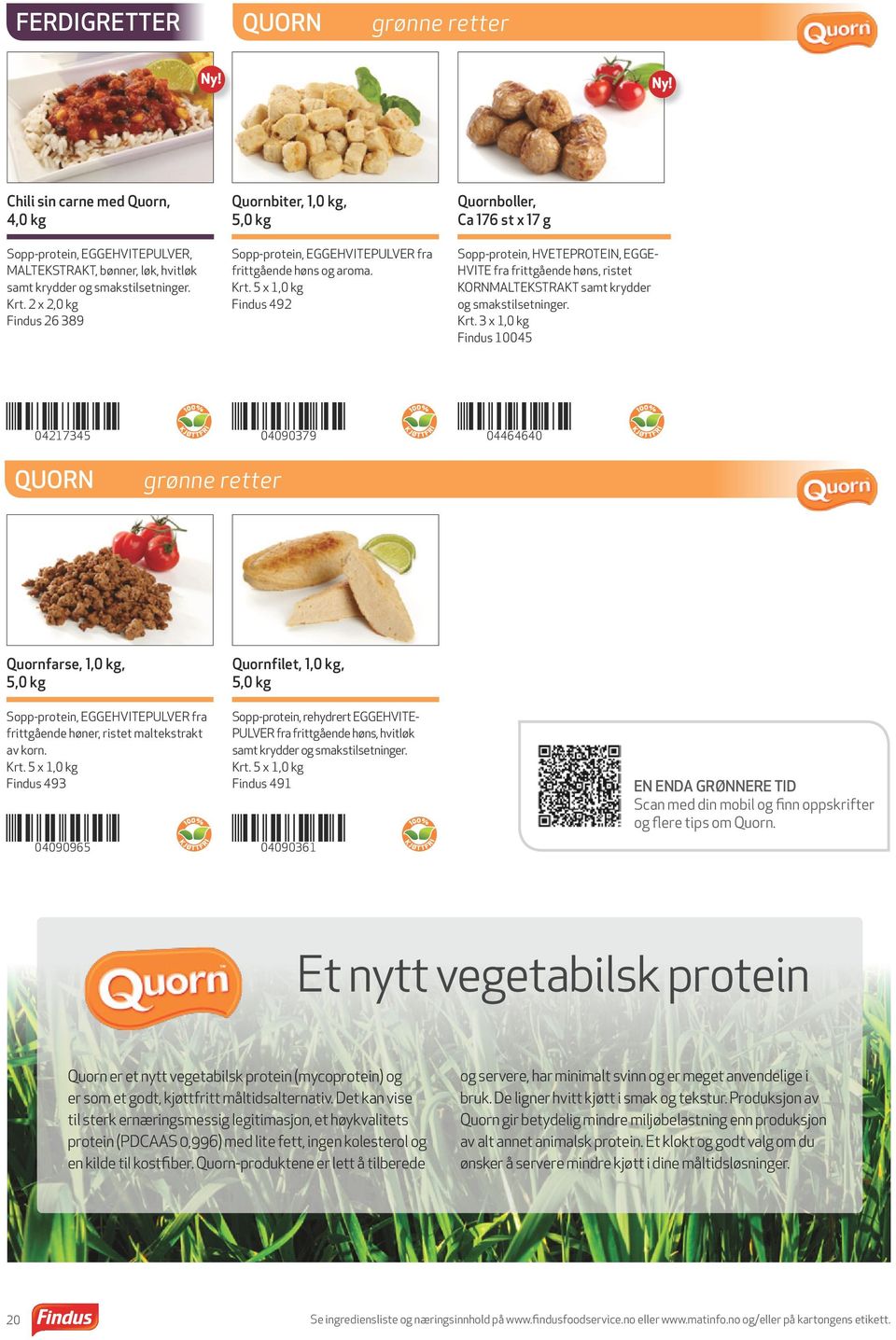 Findus 492 Quornboller, Ca 176 st x 17 g Sopp-protein, HVETEPROTEIN, EGGE- HVITE fra frittgående høns, ristet KORNMALTEKSTRAKT samt krydder og smakstilsetninger. Krt.