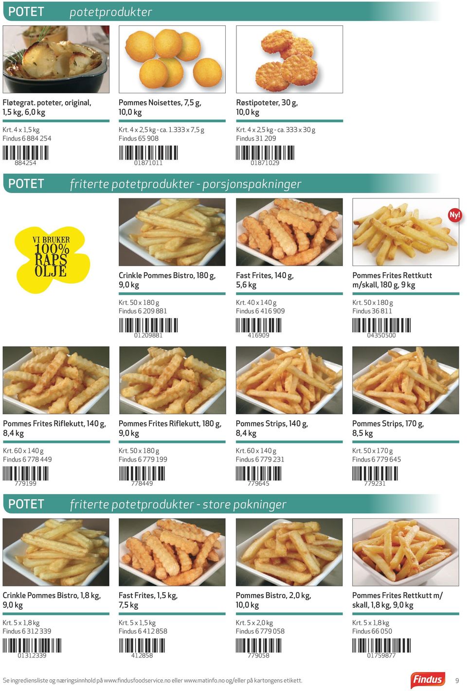 333 x 30 g Findus 31 209 884254 01871011 01871029 POTET friterte potetprodukter - porsjonspakninger Crinkle Pommes Bistro, 180 g, 9,0 kg Fast Frites, 140 g, 5,6 kg Pommes Frites Rettkutt m/skall, 180