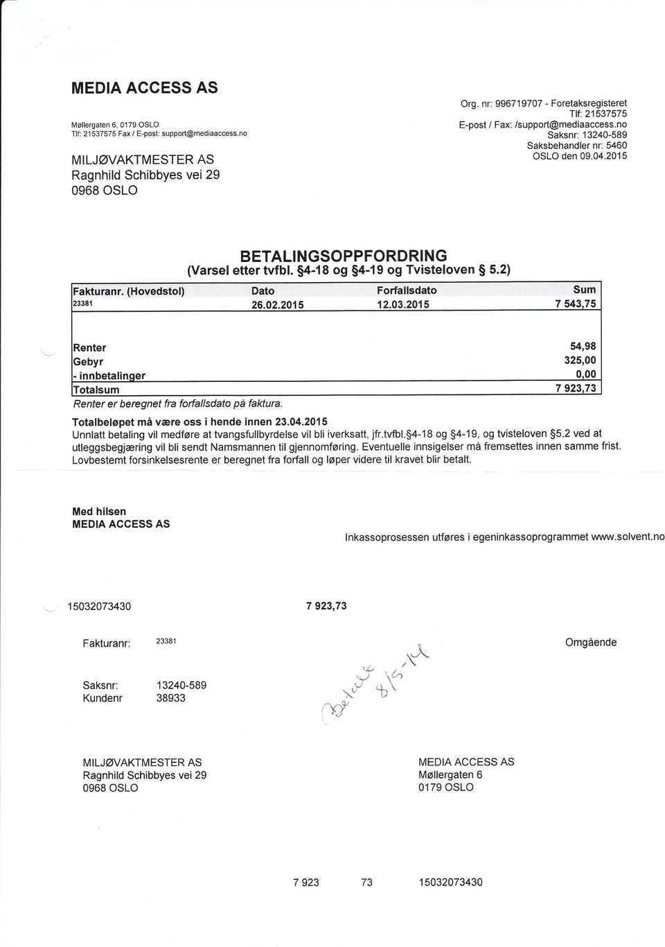 75 r 54,98 325,00 innbetali otalsum 7 923.73 Renter er beregnet fra forfallsdato pa faktura. Totalbeløpet må være oss i hende innen 23.04.