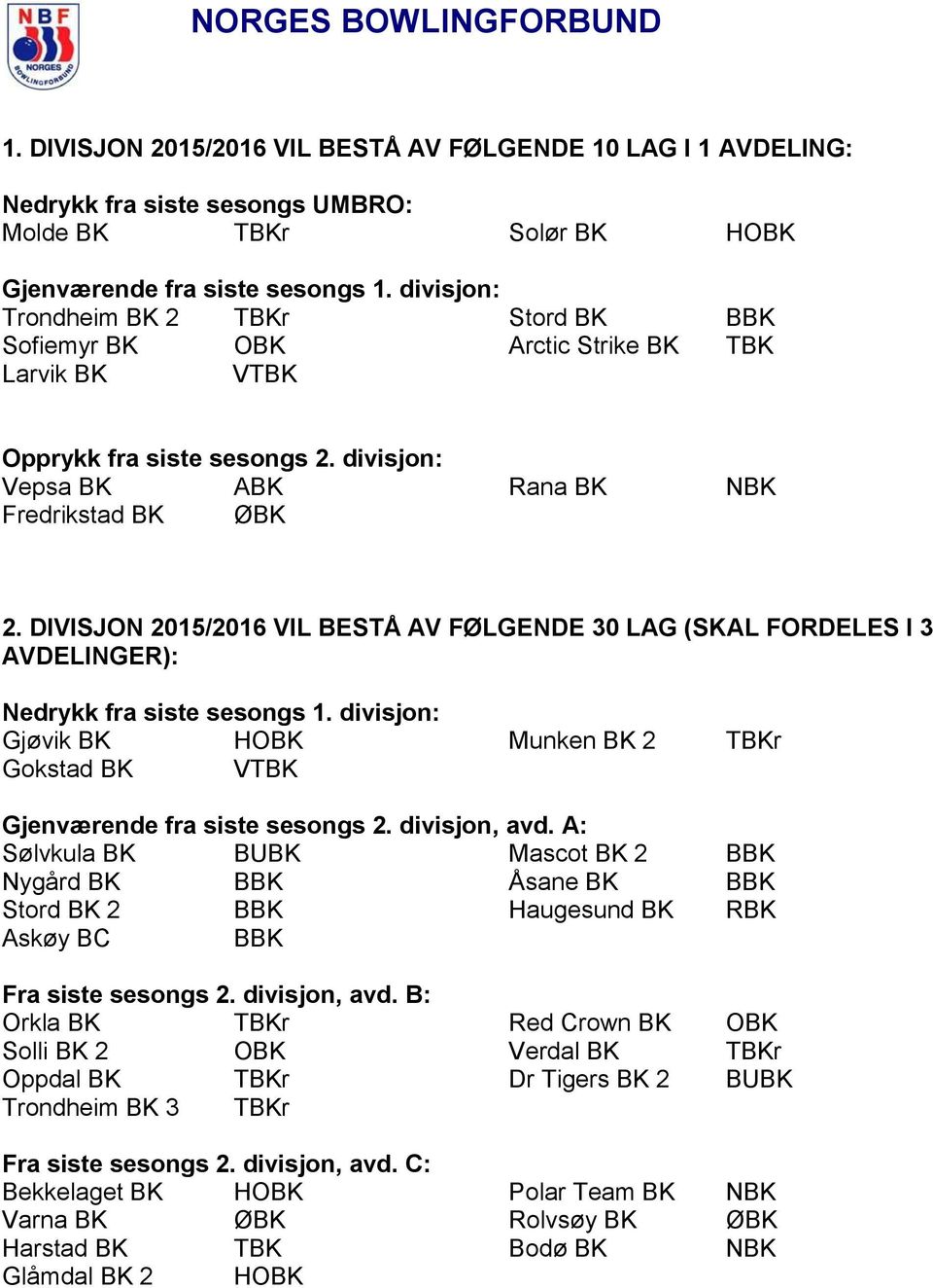 DIVISJON 2015/2016 VIL BESTÅ AV FØLGENDE 30 LAG (SKAL FORDELES I 3 AVDELINGER): Nedrykk fra siste sesongs 1. divisjon: Gjøvik BK HOBK Munken BK 2 TBKr Gokstad BK VTBK Gjenværende fra siste sesongs 2.