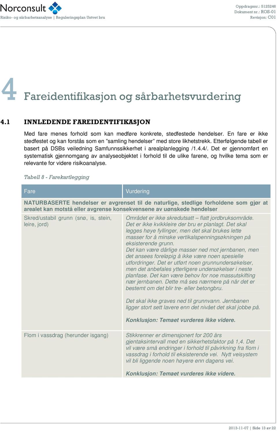 Det er gjennomført en systematisk gjennomgang av analyseobjektet i forhold til de ulike farene, og hvilke tema som er relevante for videre risikoanalyse.