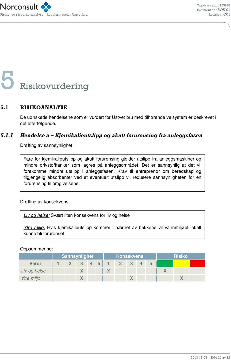 1 Hendelse a Kjemikalieutslipp og akutt forurensing fra anleggsfasen Drøfting av sannsynlighet: Fare for kjemikalieutslipp og akutt forurensing gjelder utslipp fra anleggsmaskiner og mindre