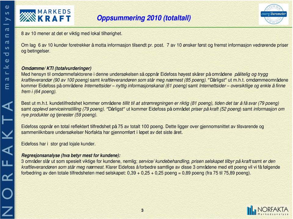 Omdømme/ KTI (totalvurderinger) Med hensyn til omdømmefaktorene i denne undersøkelsen så oppnår Eidefoss høyest skårer på områdene pålitelig og trygg kraftleverandør (90 av 100 poeng) samt