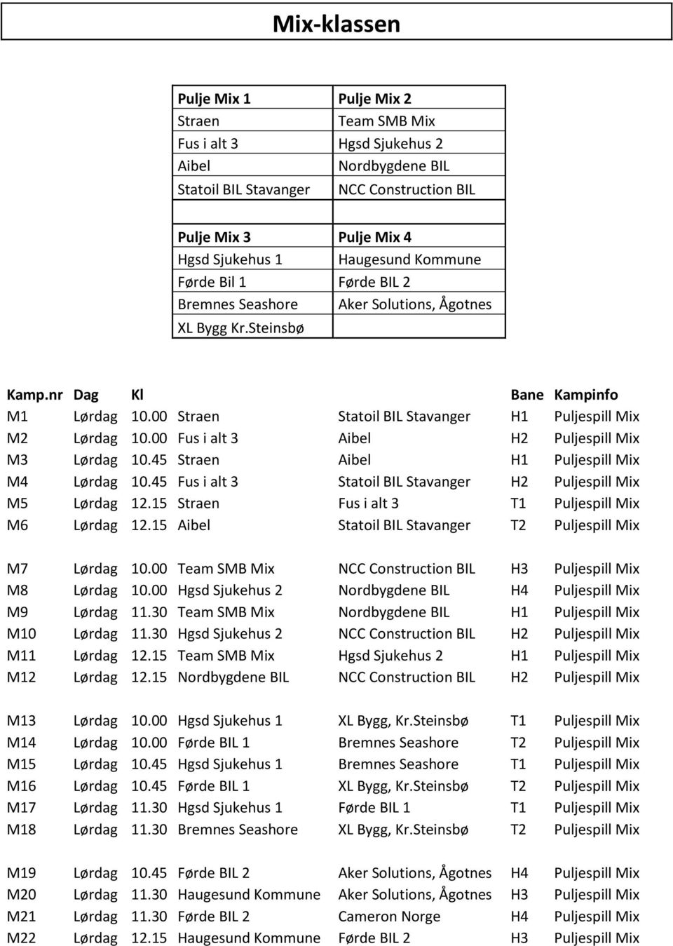 00 Fus i alt 3 Aibel H2 Puljespill Mix M3 Lørdag 10.45 Straen Aibel H1 Puljespill Mix M4 Lørdag 10.45 Fus i alt 3 Statoil BIL Stavanger H2 Puljespill Mix M5 Lørdag 12.