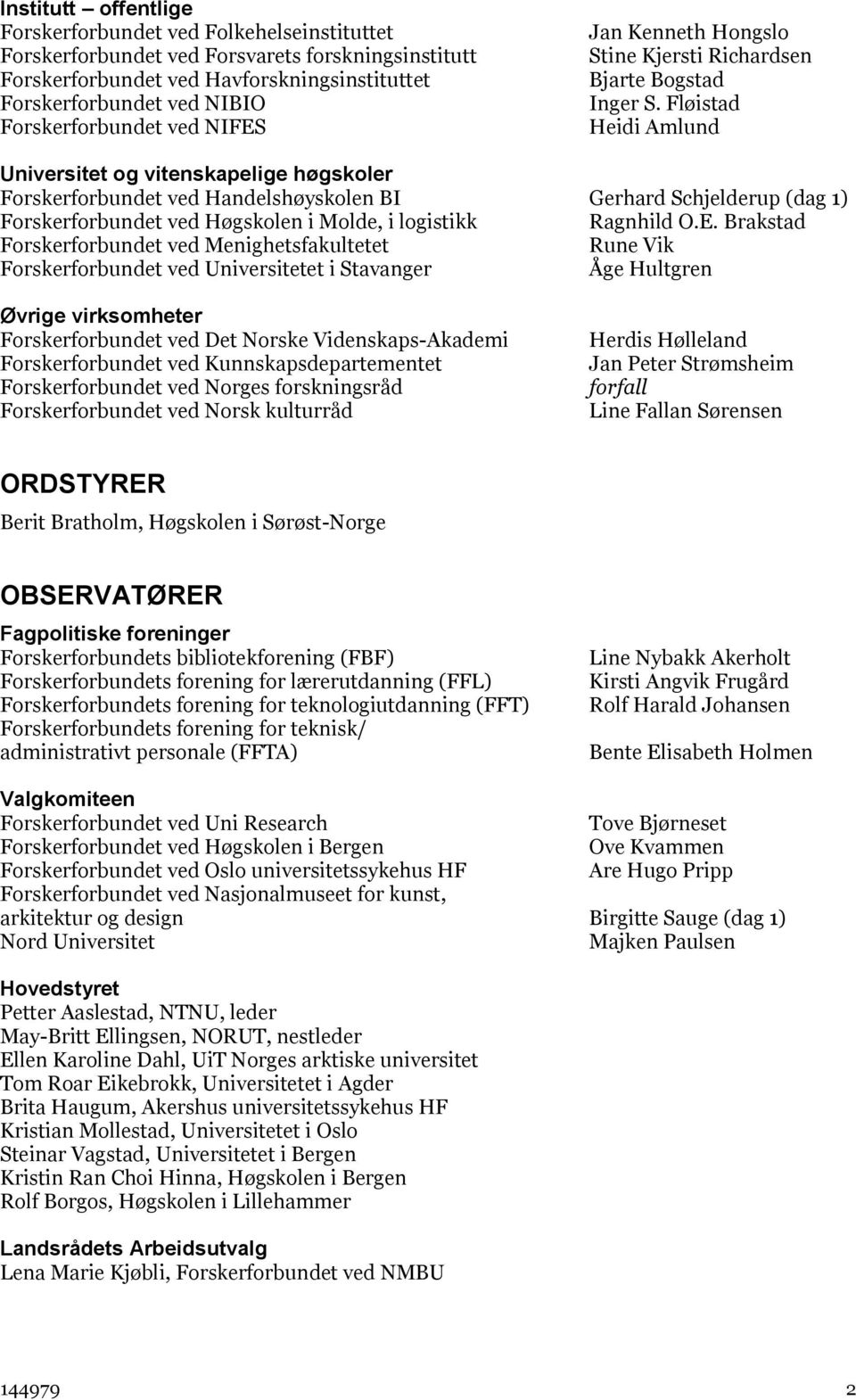 Fløistad Heidi Amlund Universitet og vitenskapelige høgskoler Forskerforbundet ved Handelshøyskolen BI Gerhard Schjelderup (dag 1) Forskerforbundet ved Høgskolen i Molde, i logistikk Ragnhild O.E.