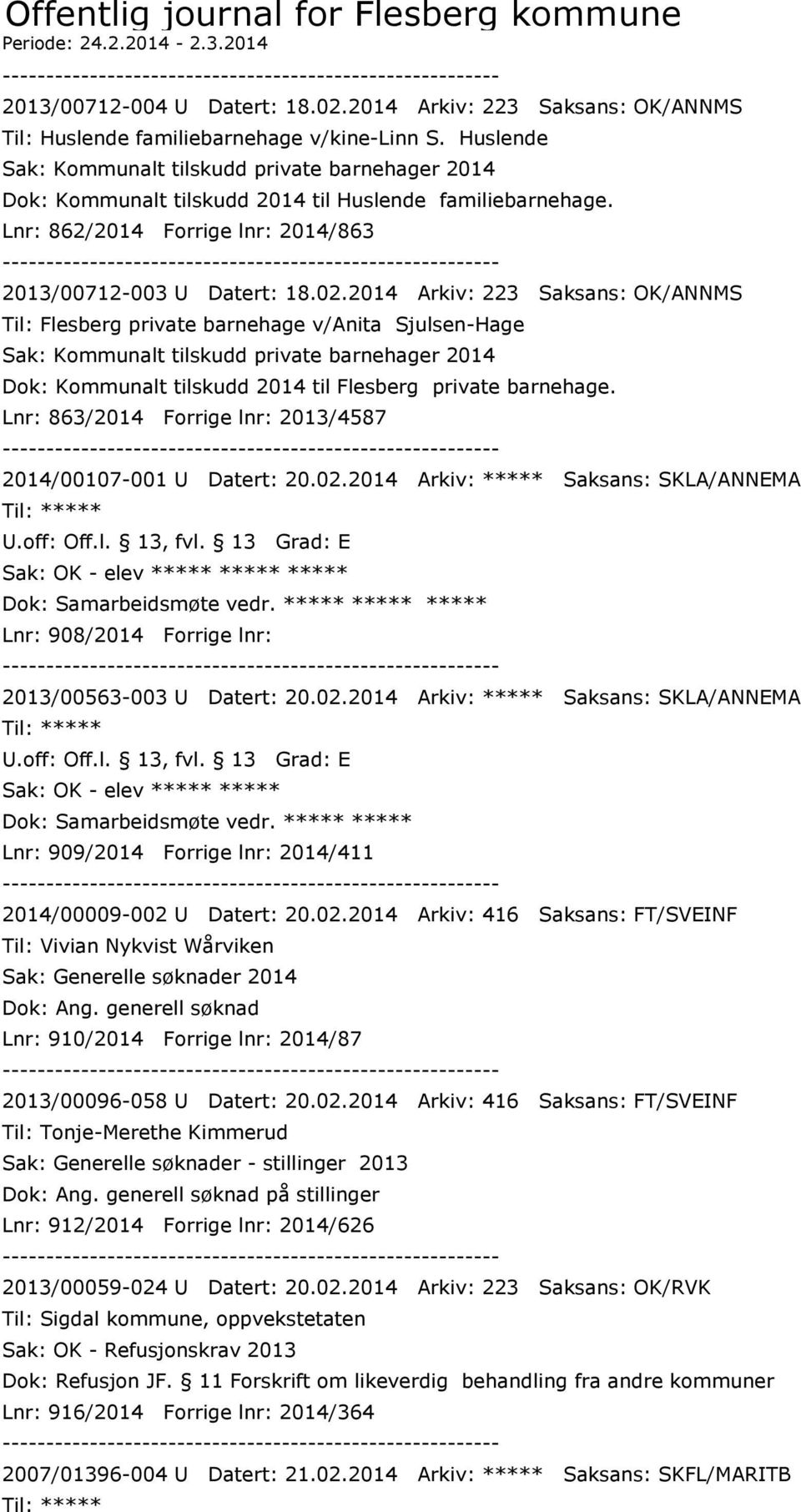 2014 Arkiv: 223 Saksans: OK/ANNMS Til: Flesberg private barnehage v/anita Sjulsen-Hage Sak: Kommunalt tilskudd private barnehager 2014 Dok: Kommunalt tilskudd 2014 til Flesberg private barnehage.