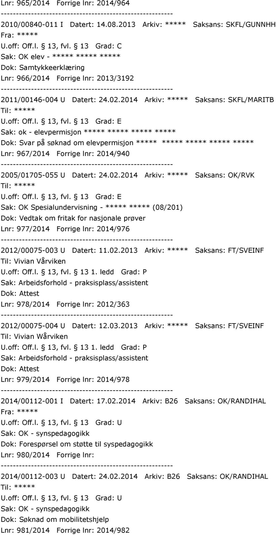 2014 Arkiv: ***** Saksans: SKFL/MARITB Sak: ok - elevpermisjon ***** ***** ***** ***** Dok: Svar på søknad om elevpermisjon ***** ***** ***** ***** ***** Lnr: 967/2014 Forrige lnr: 2014/940