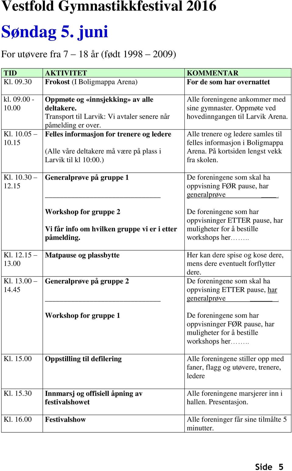 Felles informasjon for trenere og ledere (Alle våre deltakere må være på plass i Larvik til kl 10:00.