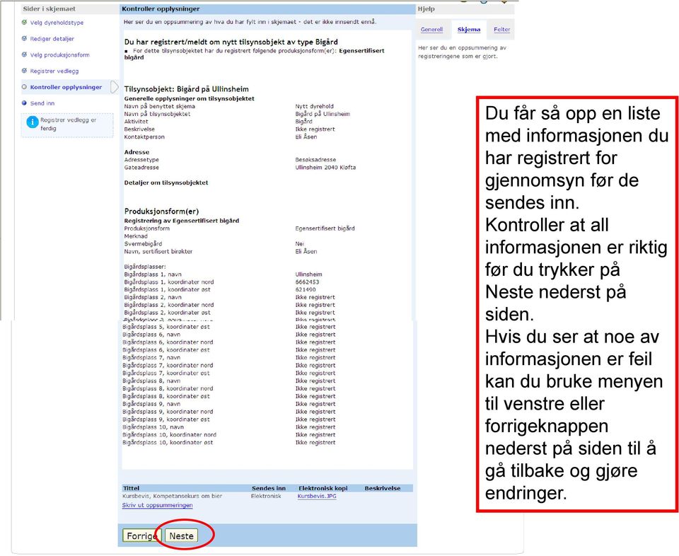 Kontroller at all informasjonen er riktig før du trykker på Neste nederst på