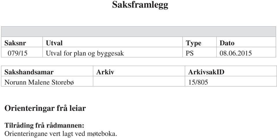 2015 Sakshandsamar Arkiv ArkivsakID Norunn Malene Storebø