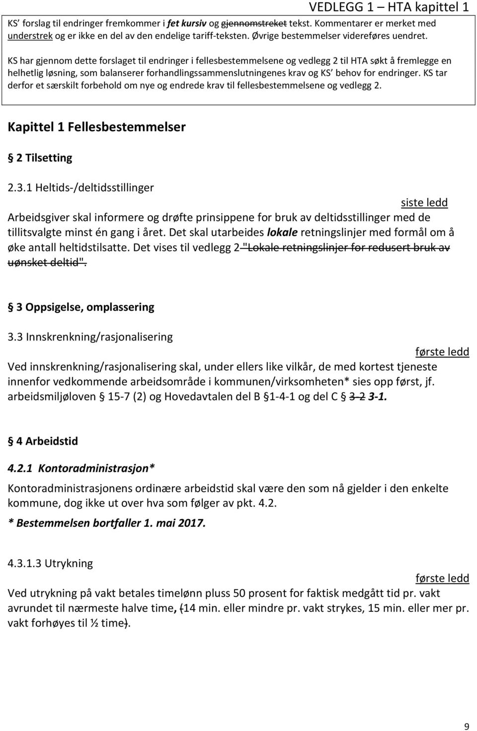 KS har gjennom dette forslaget til endringer i fellesbestemmelsene og vedlegg 2 til HTA søkt å fremlegge en helhetlig løsning, som balanserer forhandlingssammenslutningenes krav og KS behov for