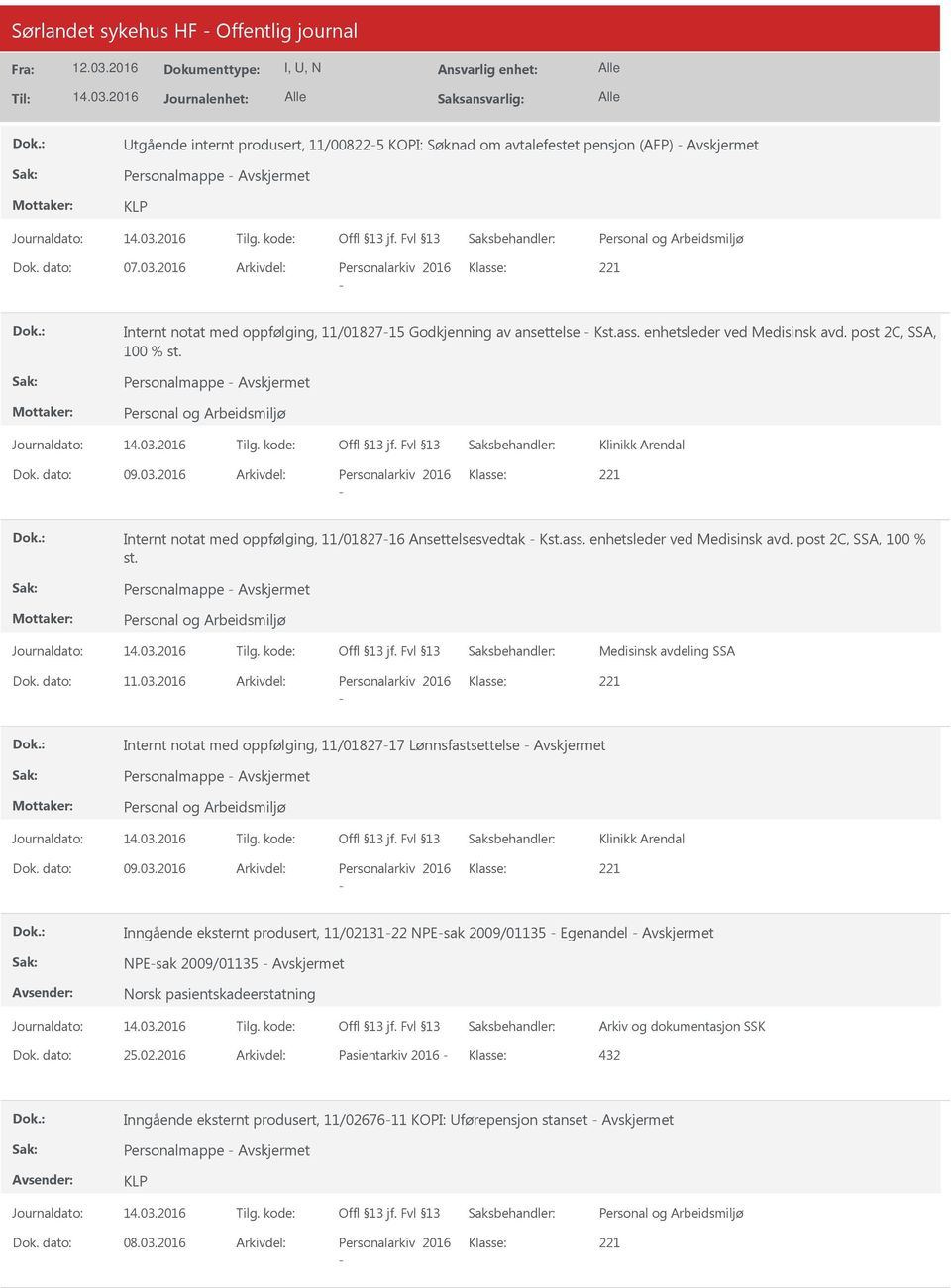 Personalmappe Klinikk Arendal Dok. dato: 09.03.2016 Arkivdel: Personalarkiv 2016 Klasse: Internt notat med oppfølging, 11/0182716 Ansettelsesvedtak Kst.ass. enhetsleder ved Medisinsk avd.