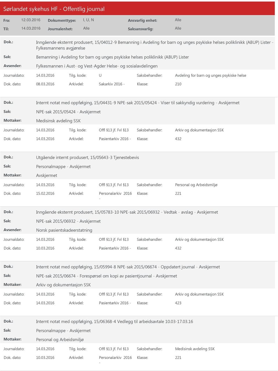 2016 Arkivdel: Sakarkiv 2016 Klasse: 210 Internt notat med oppfølging, 15/044319 NPEsak 2015/05424 Viser til sakkyndig vurdering NPEsak 2015/05424 Medisinsk avdeling SSK Dok.