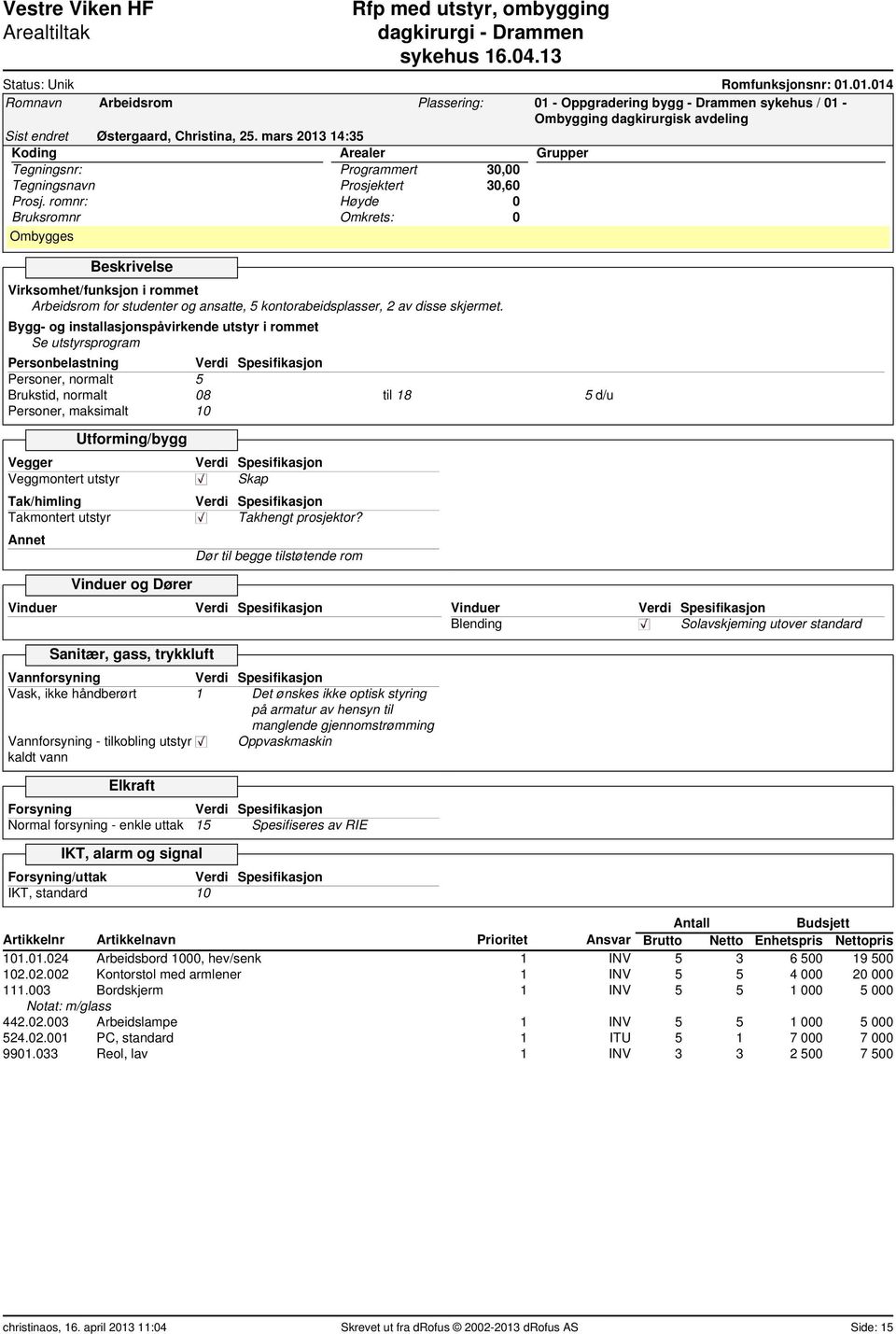 Personer, normalt 5 Brukstid, normalt 08 til 18 5 d/u Personer, maksimalt 10 Tak/himling Takmontert utstyr Skap Takhengt prosjektor?