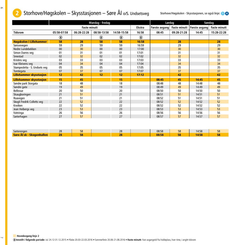 16:58 08:45 09:28-21:28 14:45 15:28-22:28 X X X X Høgskolen i Lillehammer 58 28 58 58 16:58 28 28 Sørsvevegen 59 29 59 59 16:59 29 29 Nedre Lundebekken 00 30 00 00 17:00 30 30 Simon Darres veg 01 31