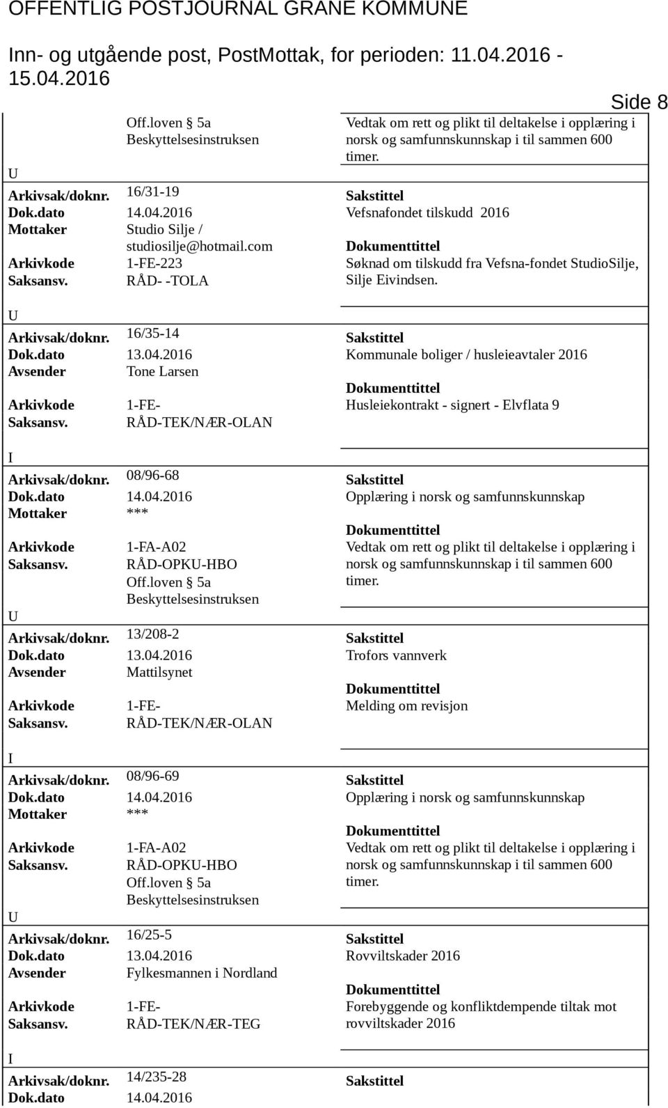 Arkivsak/doknr. 16/35-14 Sakstittel Dok.dato 13.04.