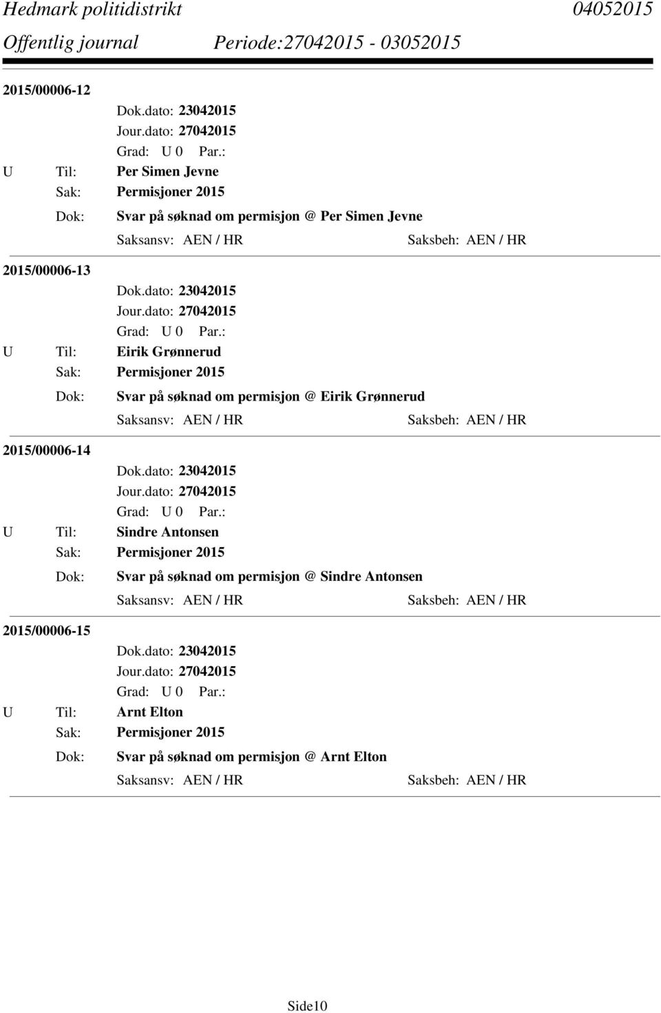 Dok.dato: 23042015 U Til: Eirik Grønnerud Sak: Permisjoner 2015 Svar på søknad om permisjon @ Eirik Grønnerud Saksansv: AEN / HR Saksbeh: AEN / HR