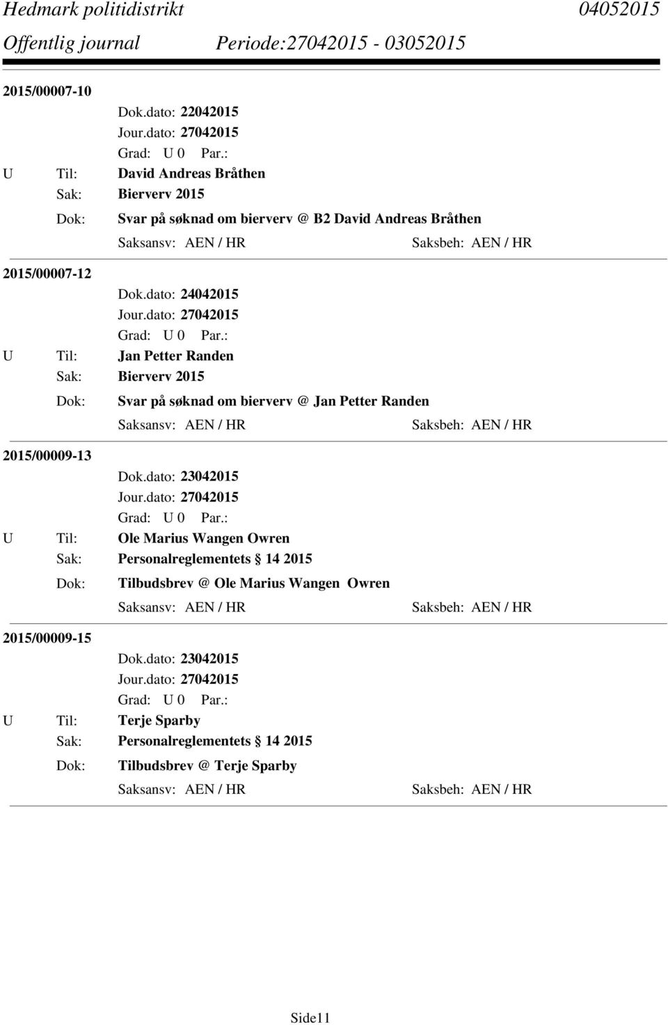 2015/00007-12 U Til: Jan Petter Randen Sak: Bierverv 2015 Svar på søknad om bierverv @ Jan Petter Randen Saksansv: AEN / HR Saksbeh: AEN / HR 2015/00009-13 Dok.