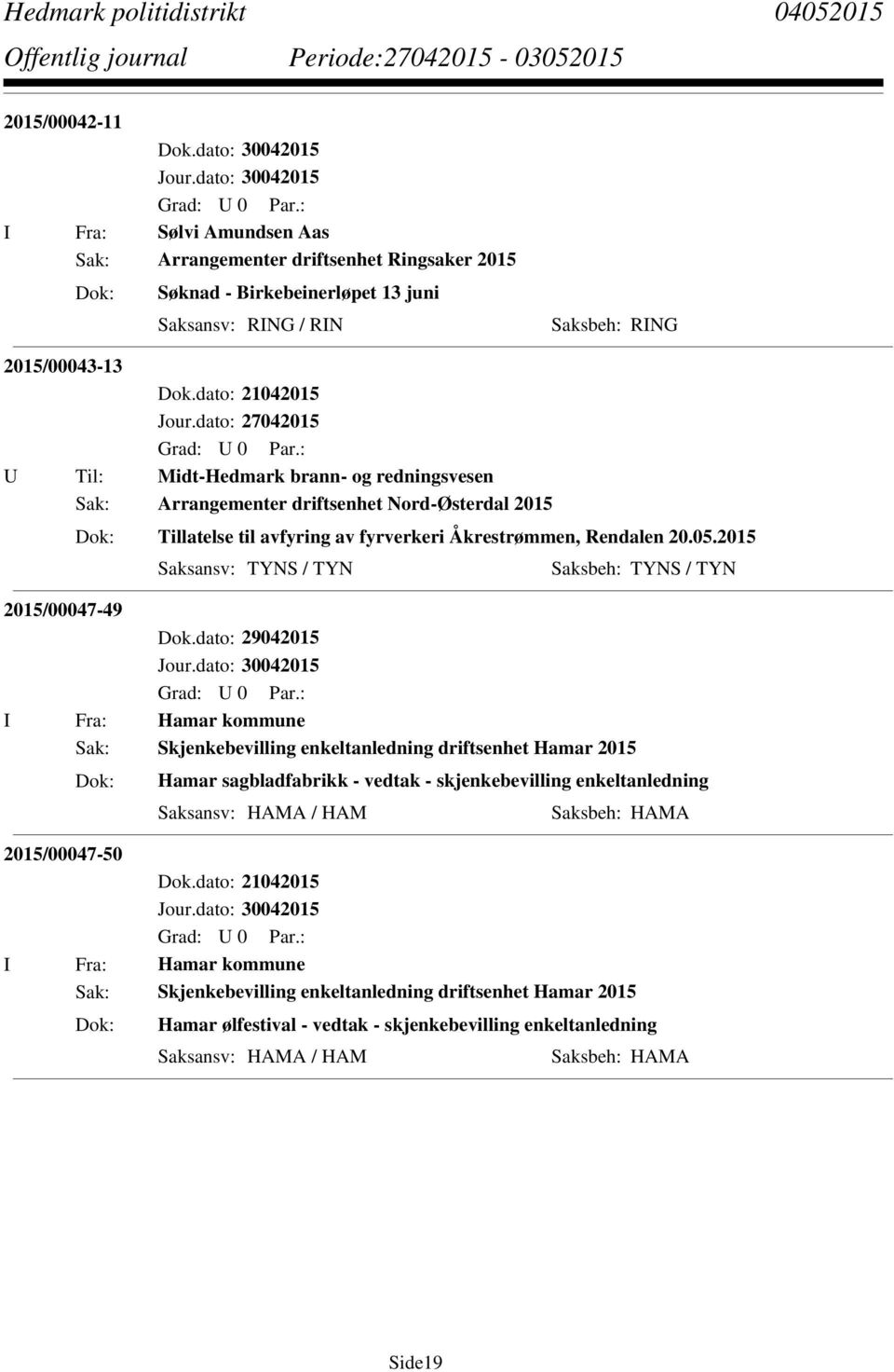 2015 Saksansv: TYNS / TYN Saksbeh: TYNS / TYN 2015/00047-49 I Fra: Hamar kommune Sak: Skjenkebevilling enkeltanledning driftsenhet Hamar 2015 Hamar sagbladfabrikk - vedtak - skjenkebevilling