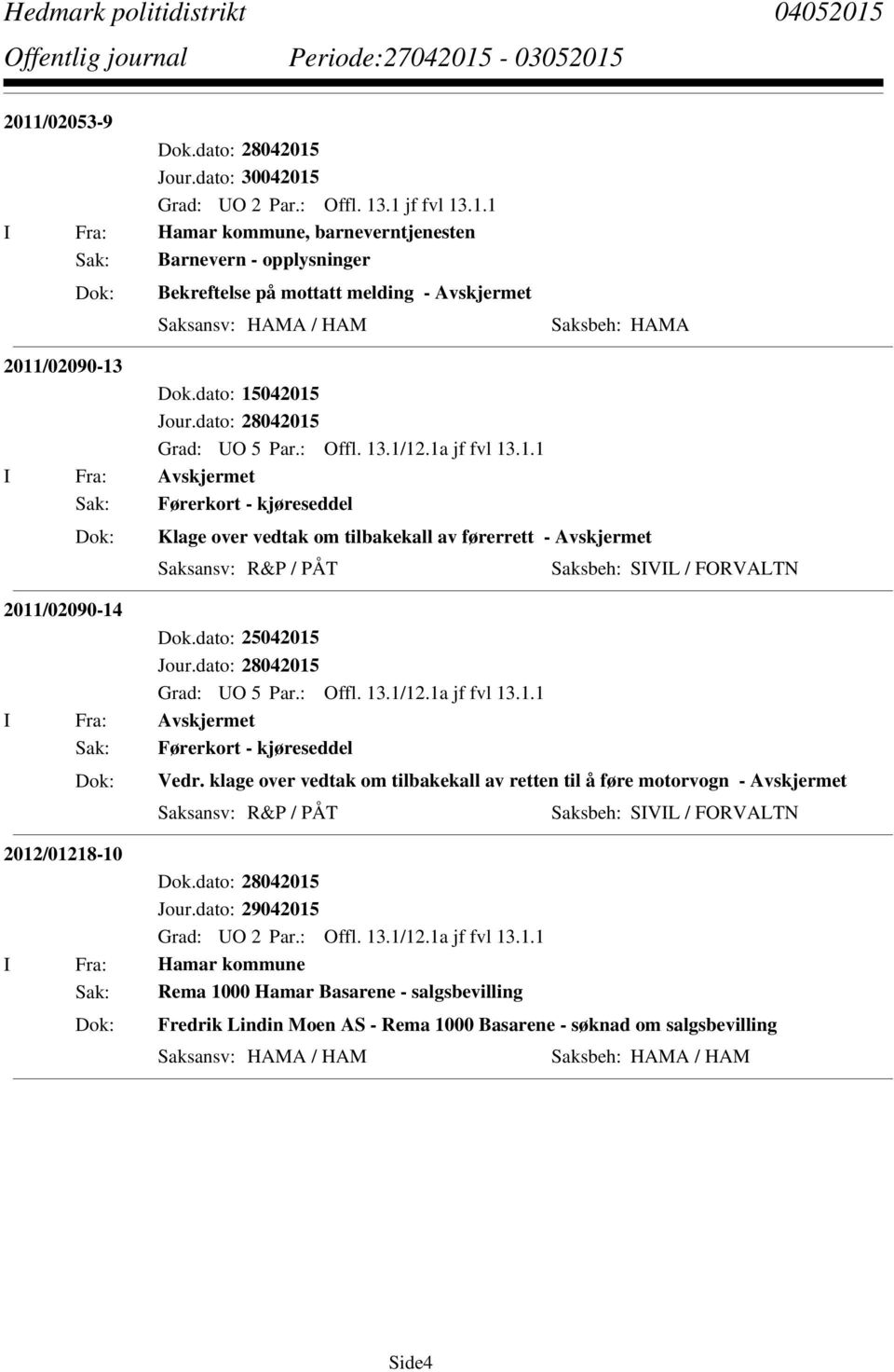 dato: 28042015 Sak: Førerkort - kjøreseddel Vedr. klage over vedtak om tilbakekall av retten til å føre motorvogn - Avskjermet Saksansv: R&P / PÅT 2012/01218-10 Dok.dato: 28042015 Jour.