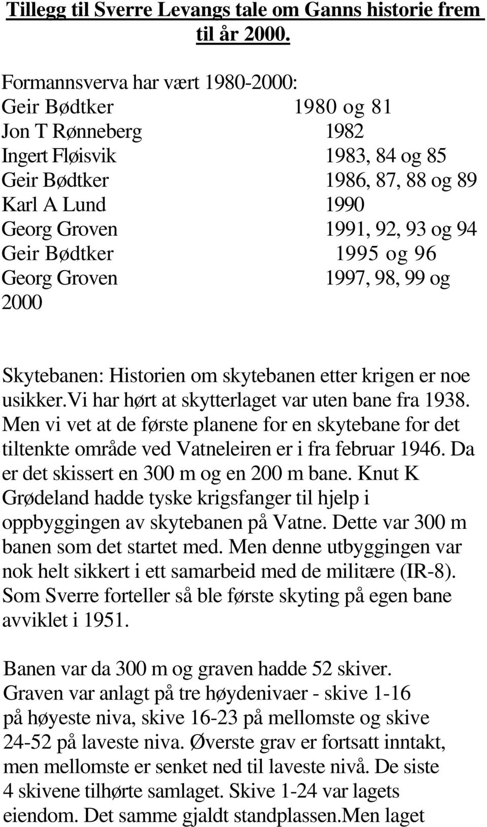 Bødtker 1995 og 96 Georg Groven 1997, 98, 99 og 2000 Skytebanen: Historien om skytebanen etter krigen er noe usikker.vi har hørt at skytterlaget var uten bane fra 1938.