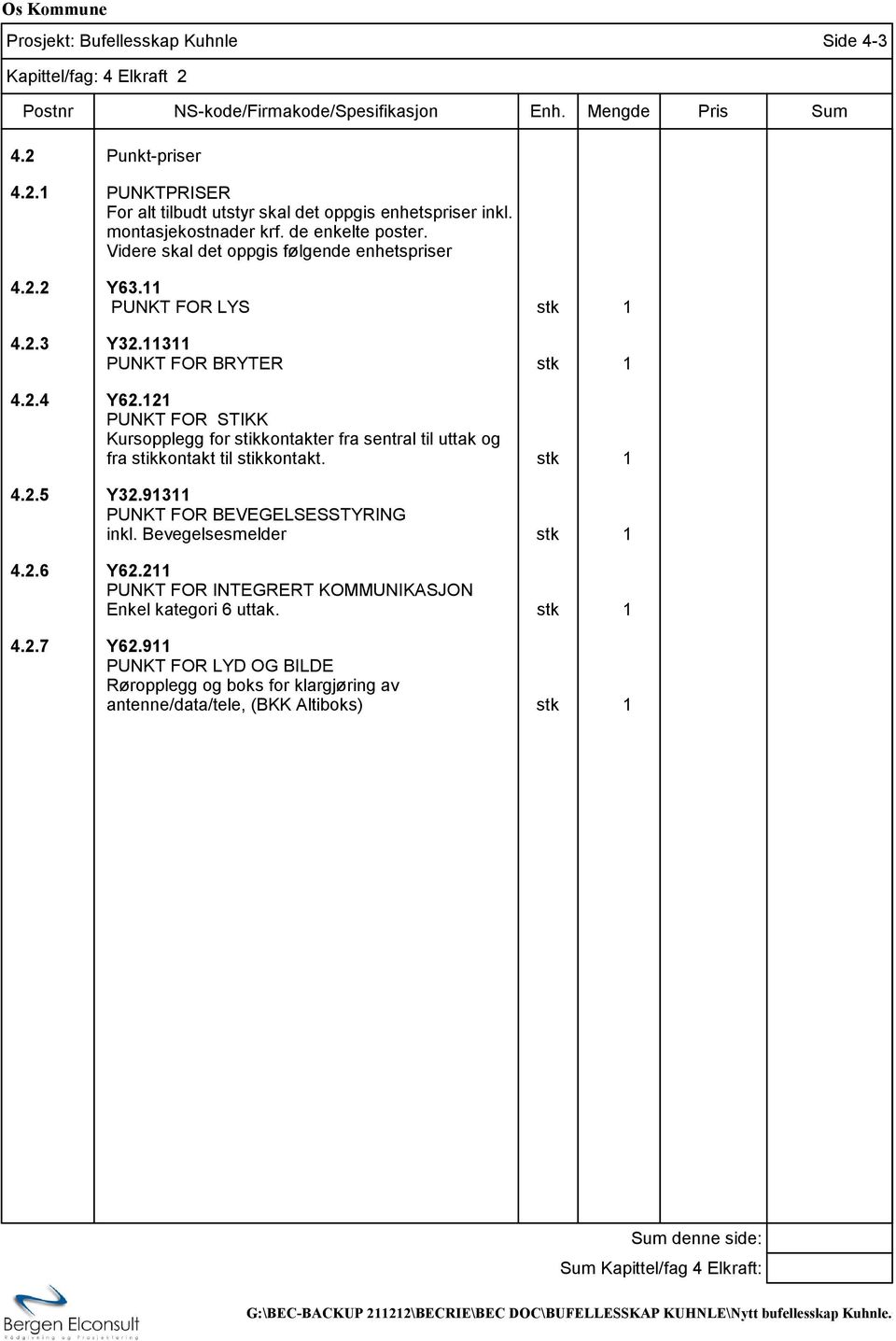 121 PUNKT FOR STIKK Kursopplegg for stikkontakter fra sentral til uttak og fra stikkontakt til stikkontakt. stk 1 4.2.5 Y32.91311 PUNKT FOR BEVEGELSESSTYRING inkl.